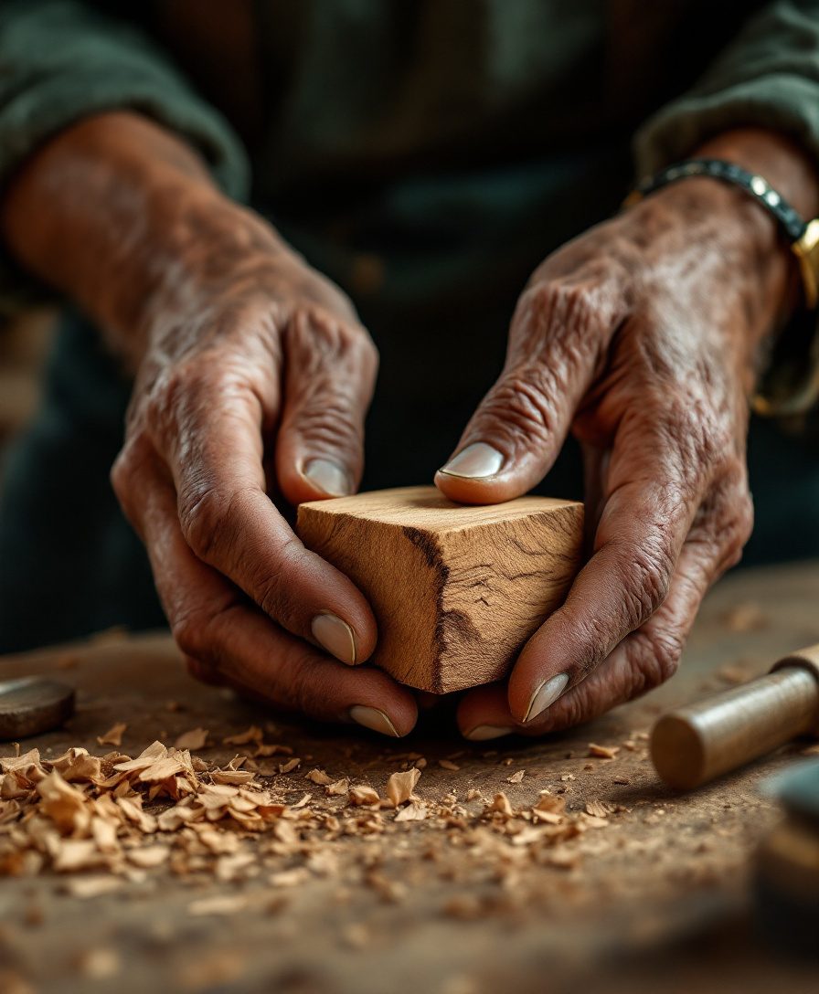 A craftsman's hands holding a rough-cut block of raw teak