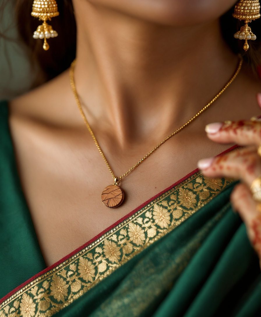 A hand with bridal mehndi touching a raw teak pendant